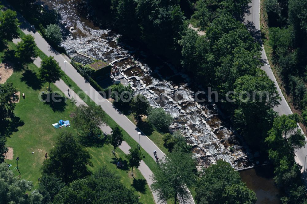 Freiburg im Breisgau from the bird's eye view: Town on the banks of the river of Dreisam bei Niedrigwasser on street Fritz-Horch-Weg in Freiburg im Breisgau in the state Baden-Wuerttemberg, Germany