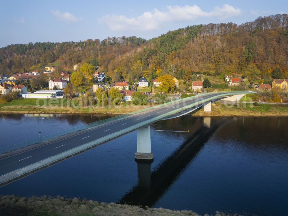 Aerial image Bad Schandau - River - bridge structure (B 172) for crossing the Elbe at Schandauer Strasse in Bad Schandau, Elbe Sandstone Mountains in the federal state of Saxony, Germany