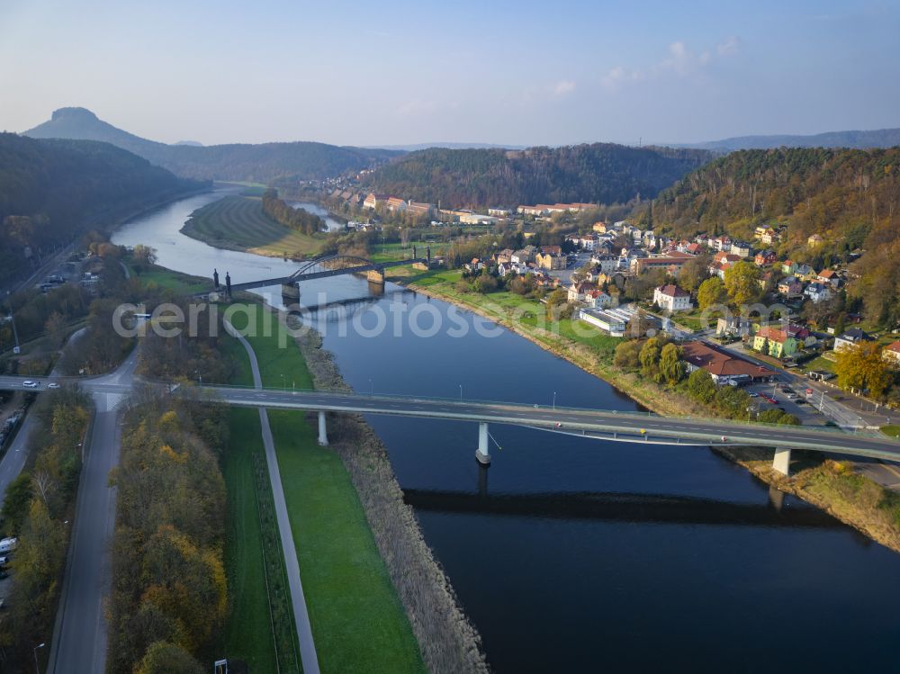 Bad Schandau from above - River - bridge structure (B 172) for crossing the Elbe at Schandauer Strasse in Bad Schandau, Elbe Sandstone Mountains in the federal state of Saxony, Germany