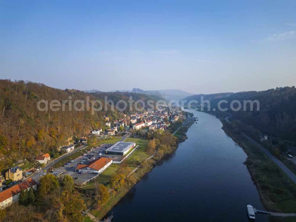 Aerial image Bad Schandau - River - bridge structure (B 172) for crossing the Elbe at Schandauer Strasse in Bad Schandau, Elbe Sandstone Mountains in the federal state of Saxony, Germany