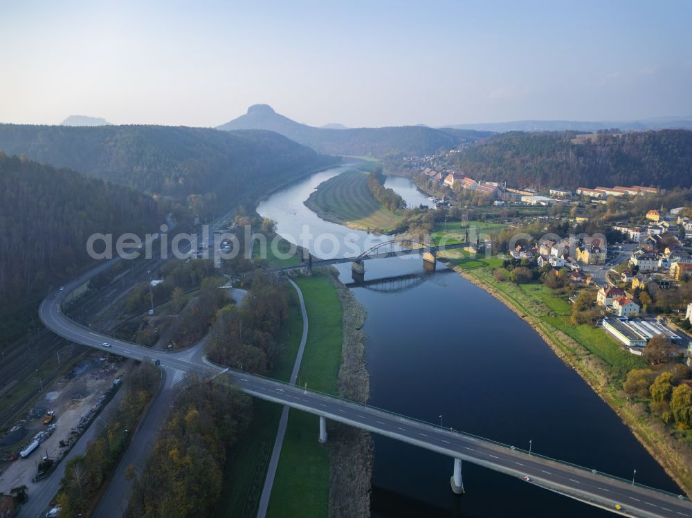 Aerial photograph Bad Schandau - River - bridge structure (B 172) for crossing the Elbe at Schandauer Strasse in Bad Schandau, Elbe Sandstone Mountains in the federal state of Saxony, Germany