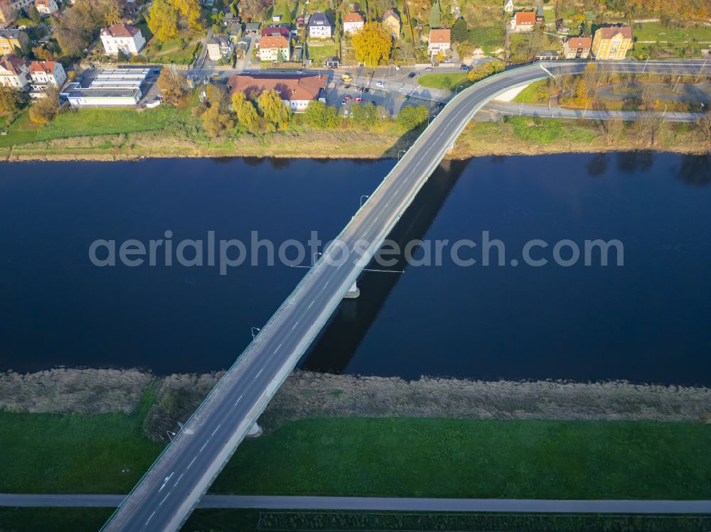 Bad Schandau from above - River - bridge structure (B 172) for crossing the Elbe at Schandauer Strasse in Bad Schandau, Elbe Sandstone Mountains in the federal state of Saxony, Germany