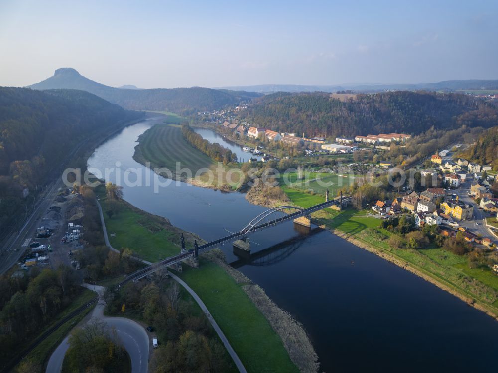 Bad Schandau from the bird's eye view: River - bridge structure (B 172) for crossing the Elbe at Schandauer Strasse in Bad Schandau, Elbe Sandstone Mountains in the federal state of Saxony, Germany