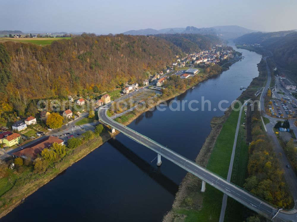 Aerial image Bad Schandau - River - bridge structure (B 172) for crossing the Elbe at Schandauer Strasse in Bad Schandau, Elbe Sandstone Mountains in the federal state of Saxony, Germany