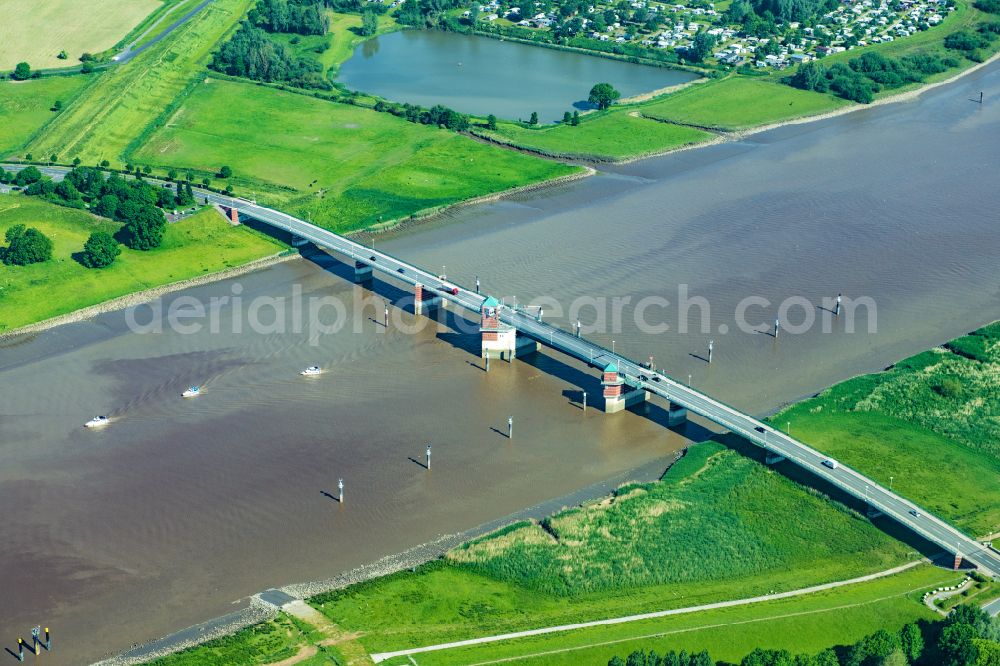 Leer (Ostfriesland) from above - River - bridge construction for crossing B 436 in Leer over the Ems (East Friesland) in the state Lower Saxony, Germany