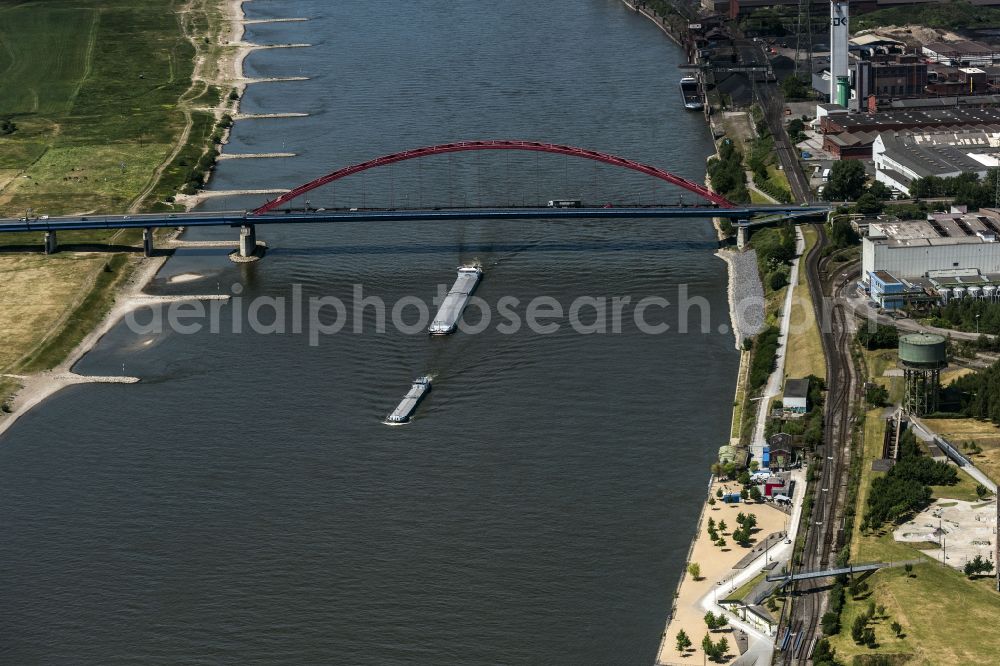 Duisburg from above - River - bridge construction ueber den Rhein Bruecke of Solidaritaet on street Moerser Strasse in the district Hochfeld in Duisburg at Ruhrgebiet in the state North Rhine-Westphalia, Germany