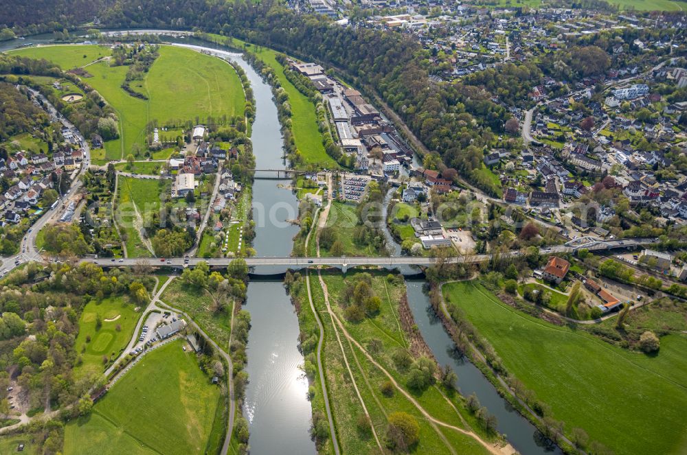 Aerial image Witten - River - bridge construction about the Ruhr on street Ruhrtal - Herbeder Strasse in the district Herbede in Witten at Ruhrgebiet in the state North Rhine-Westphalia, Germany