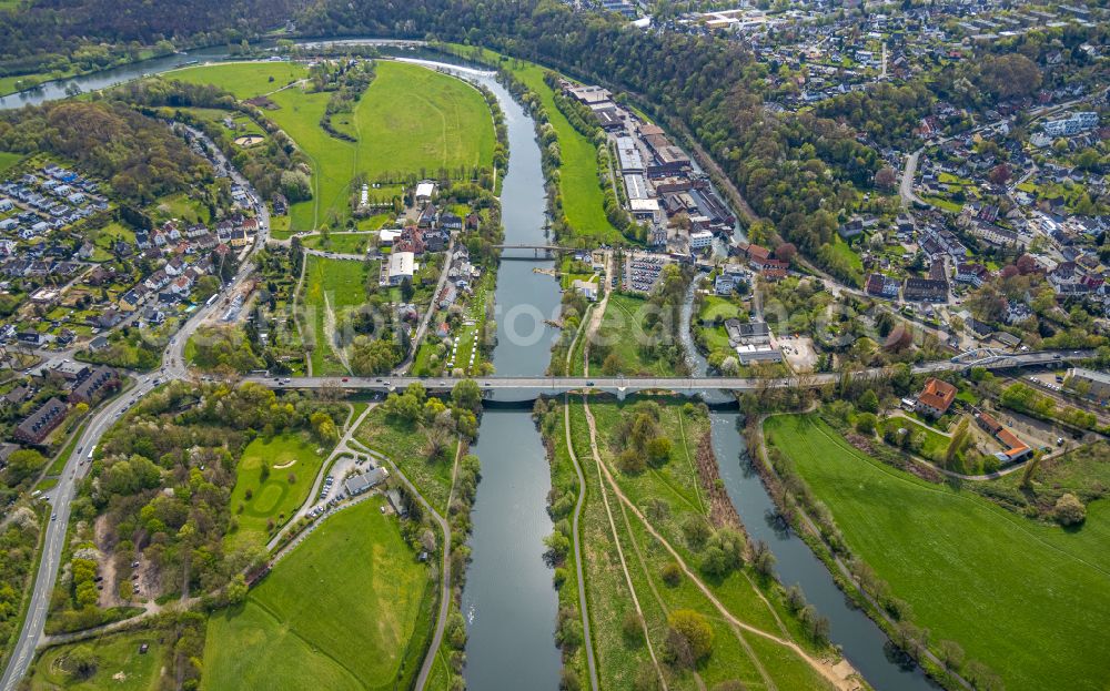 Aerial photograph Witten - River - bridge construction about the Ruhr on street Ruhrtal - Herbeder Strasse in the district Herbede in Witten at Ruhrgebiet in the state North Rhine-Westphalia, Germany