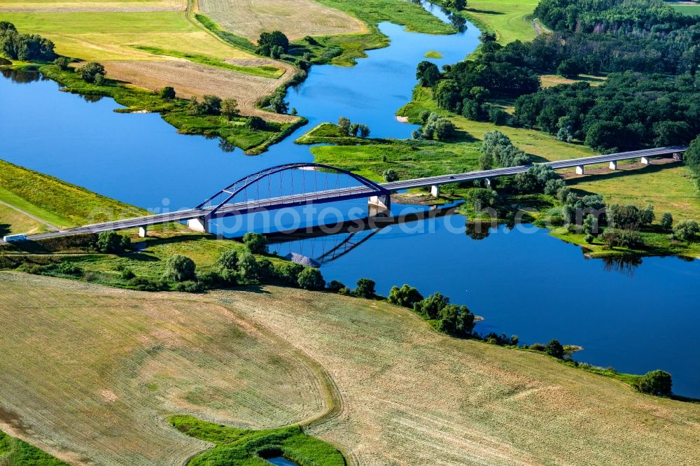 Aerial photograph Dömitz - River bridge Bundesstrasse B191 to cross the Elbe in Doemitz in the state Mecklenburg-Western Pomerania, Germany