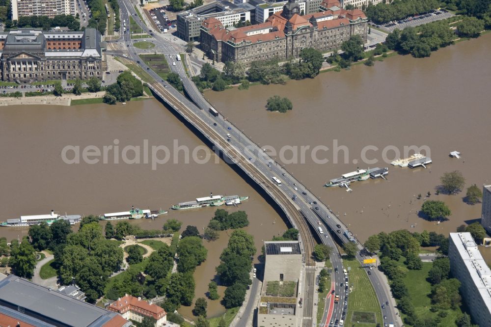 Dresden from the bird's eye view: River - bridge construction Carolabruecke over the flooded Elbe on street Carolabruecke in Dresden in the state Saxony, Germany