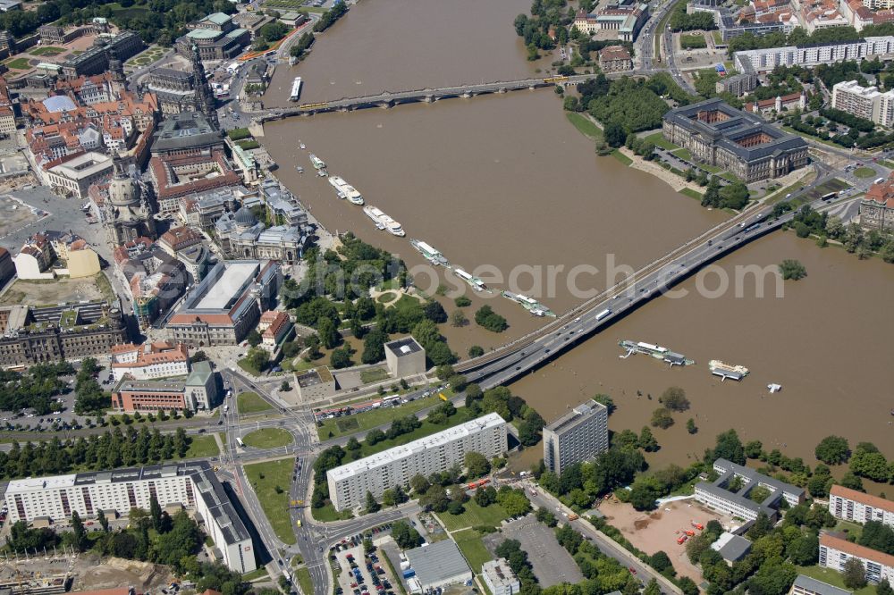 Aerial image Dresden - River - bridge construction Carolabruecke over the flooded Elbe on street Carolabruecke in Dresden in the state Saxony, Germany