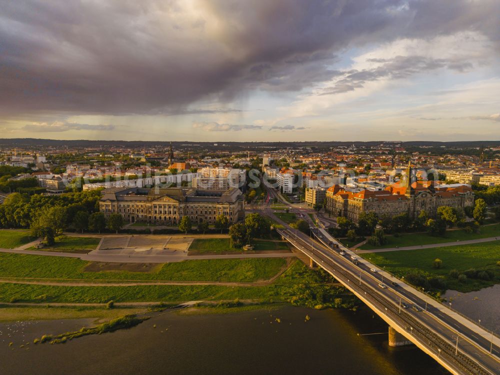 Aerial image Dresden - River - bridge structure for crossing the Elbe Carolabruecke on the street Carolabruecke in Dresden in the federal state of Saxony, Germany