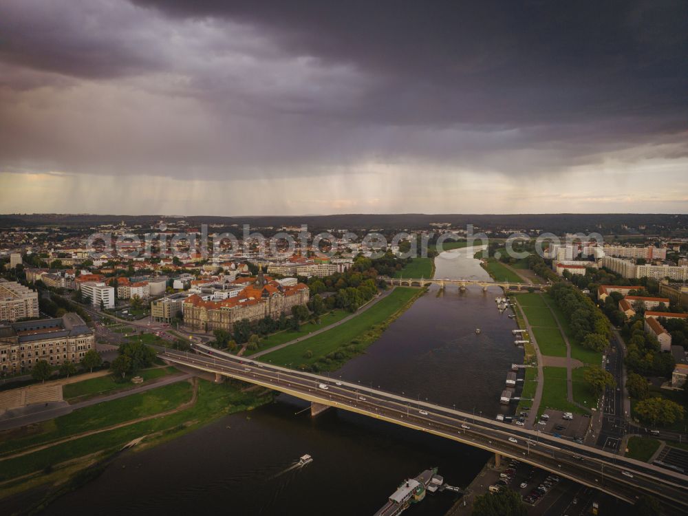 Dresden from above - River - bridge structure for crossing the Elbe Carolabruecke on the street Carolabruecke in Dresden in the federal state of Saxony, Germany