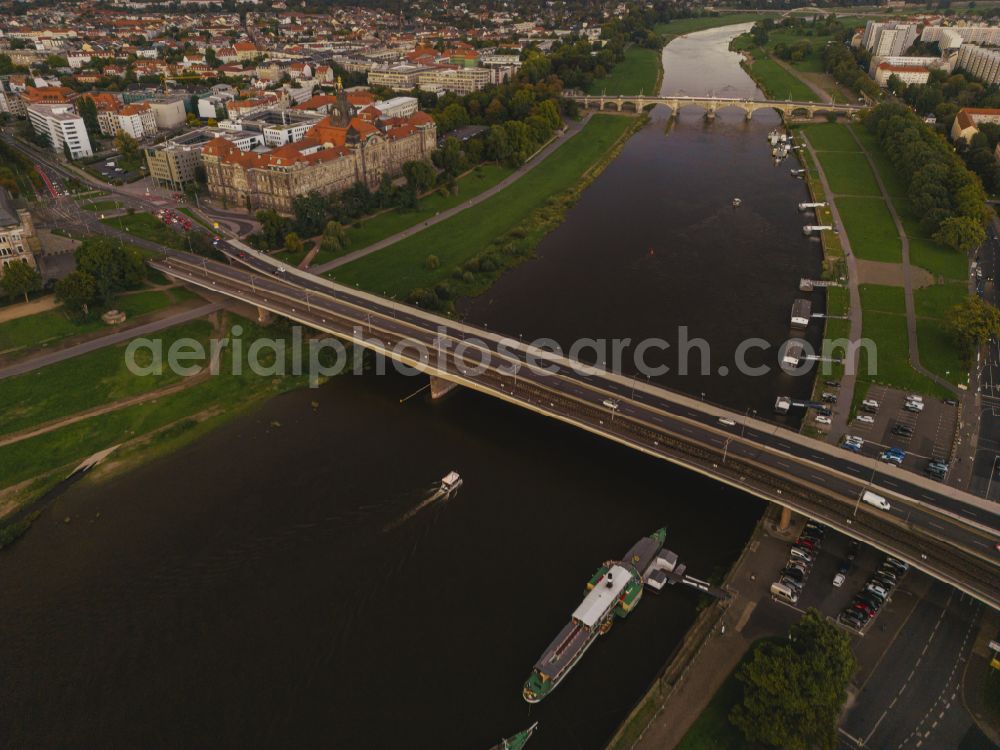 Dresden from the bird's eye view: River - bridge structure for crossing the Elbe Carolabruecke on the street Carolabruecke in Dresden in the federal state of Saxony, Germany