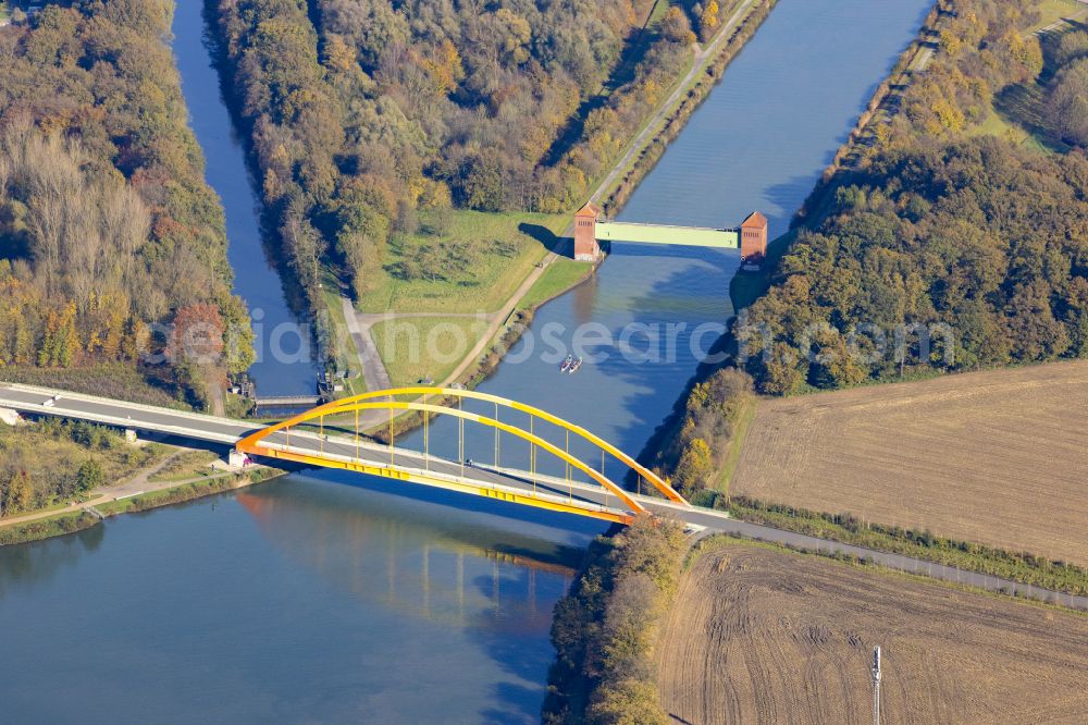 Datteln from above - River - bridge structure for crossing Dattelner-Meer-Bogen over the Dortmund-Ems-Canal in Datteln in the Ruhr area in the federal state of North Rhine-Westphalia, Germany