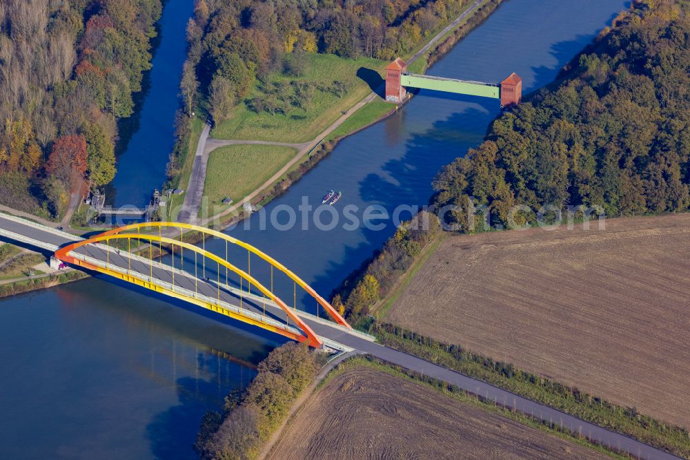 Datteln from above - River - bridge structure for crossing Dattelner-Meer-Bogen over the Dortmund-Ems-Canal in Datteln in the Ruhr area in the federal state of North Rhine-Westphalia, Germany