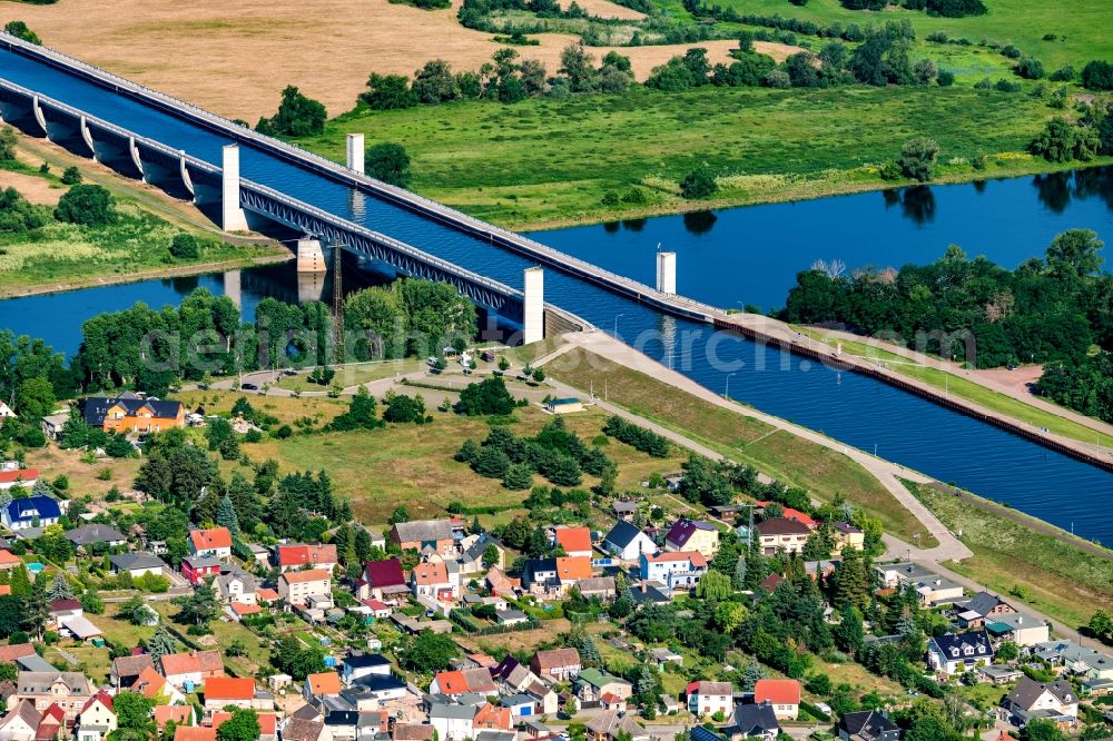 Hohenwarthe from above - River bridge of the Elbe-Havel Canal to cross the Elbe in Hohenwarthe in the state Saxony-Anhalt, Germany