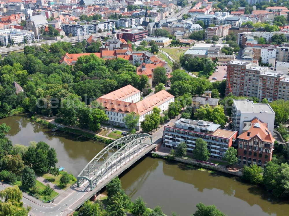 Halle (Saale) from above - River - bridge construction Genzmer Bruecke in Halle (Saale) in the state Saxony-Anhalt, Germany