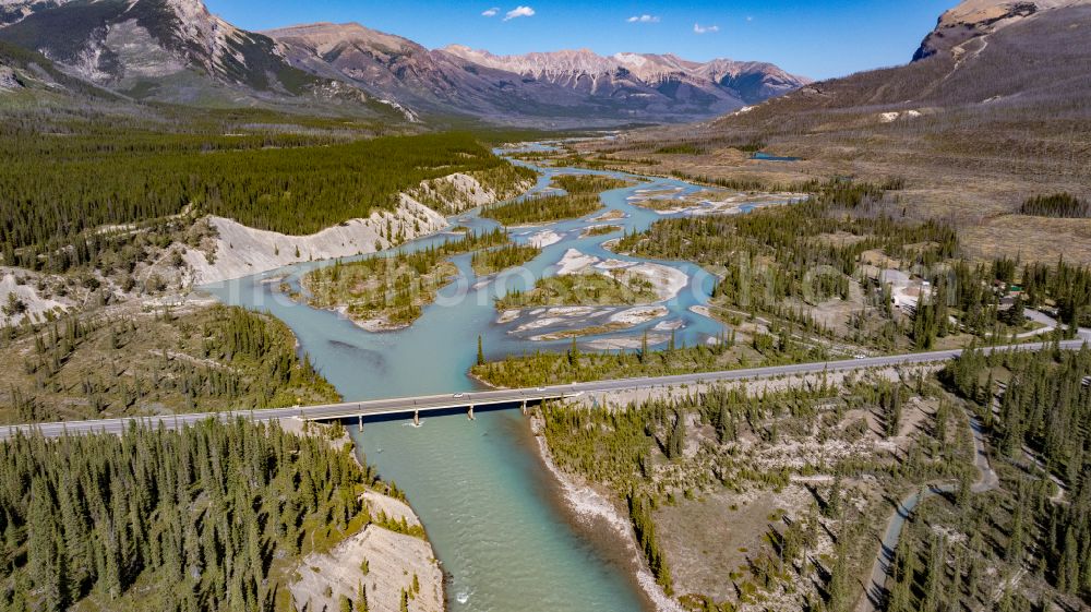 Saskatchewan River Crossing from the bird's eye view: River - bridge construction Icefields Parkway across North Saskatchewan River on street Icefields Parkway in Saskatchewan River Crossing in Alberta, Canada