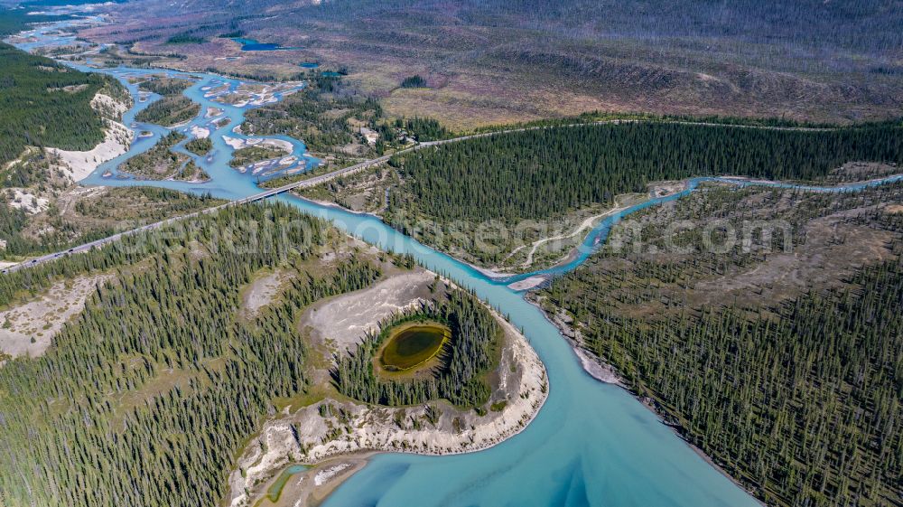 Saskatchewan River Crossing from above - River - bridge construction Icefields Parkway across North Saskatchewan River on street Icefields Parkway in Saskatchewan River Crossing in Alberta, Canada