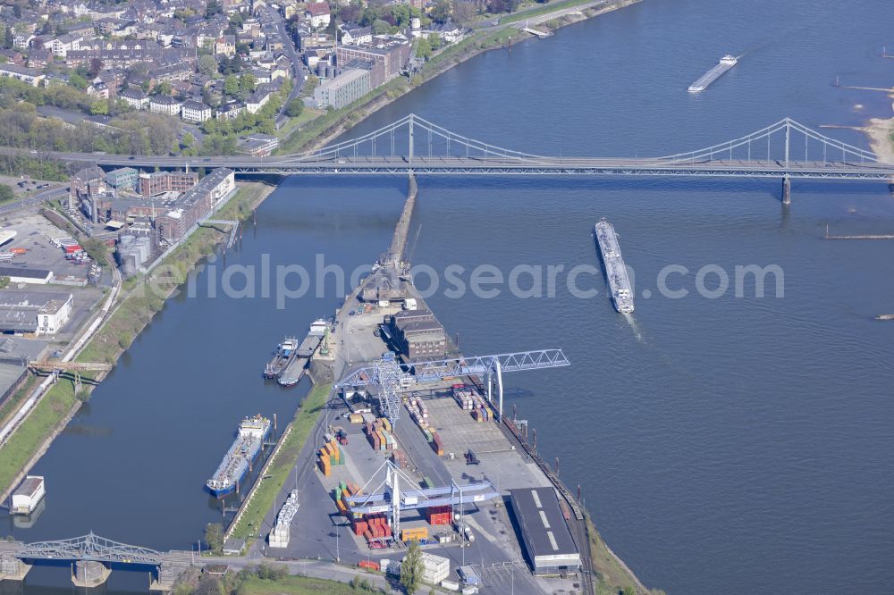 Uerdingen from above - River - bridge construction Krefeld-Uerdinger Bruecke ueber den Rhein in Uerdingen at Ruhrgebiet in the state North Rhine-Westphalia, Germany