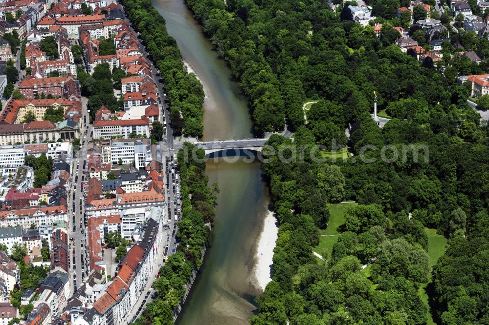 Aerial image München - River - bridge construction Luitpoldbruecke about the Isar in Munich in the state Bavaria, Germany