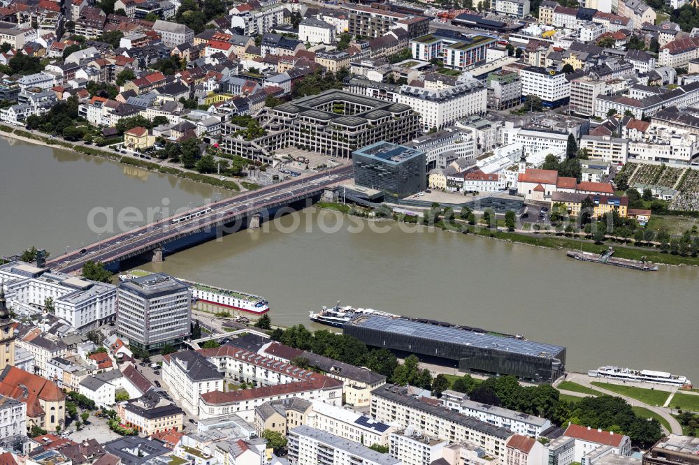 Aerial photograph Linz - River - bridge construction Niebelungenbruecke in Linz in Oberoesterreich, Austria