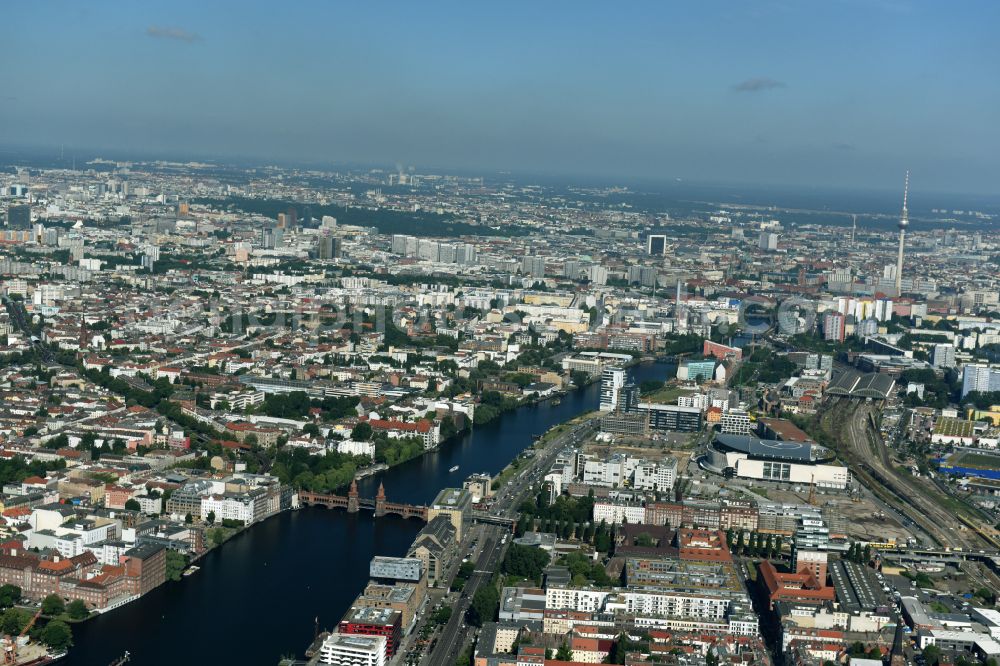 Berlin from above - River - bridge construction Oberbaumbruecke in the district Friedrichshain in Berlin, Germany