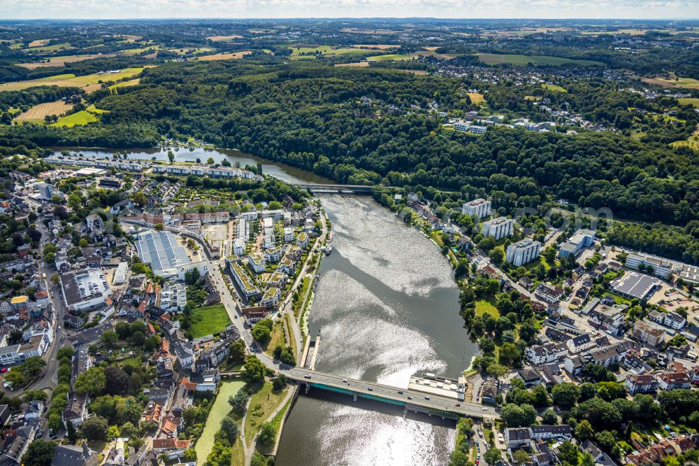 Aerial image Essen - River - bridge construction Ruhrbruecke Kettwig on Ringstrasse in the district Kettwig in Essen at Ruhrgebiet in the state North Rhine-Westphalia, Germany