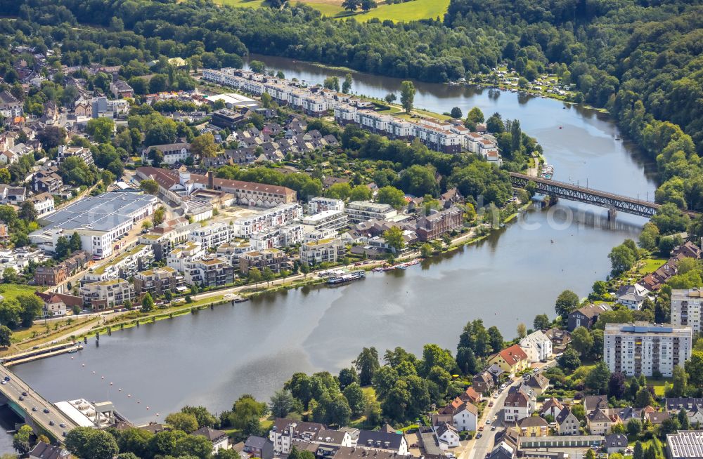 Aerial photograph Essen - River - bridge construction Ruhrbruecke Kettwig on Ringstrasse in the district Kettwig in Essen at Ruhrgebiet in the state North Rhine-Westphalia, Germany