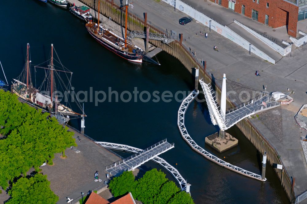 Bremen from above - River - bridge construction Schoenbecker Aue on street Am Vegesacker Hafen in the district Vegesack in Bremen, Germany