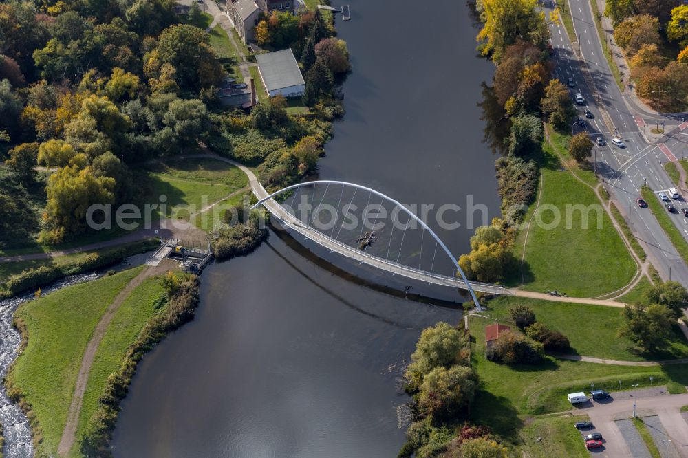 Dessau from above - River - bridge construction Tiergartenbruecke - Mulde in Dessau in the state Saxony-Anhalt, Germany