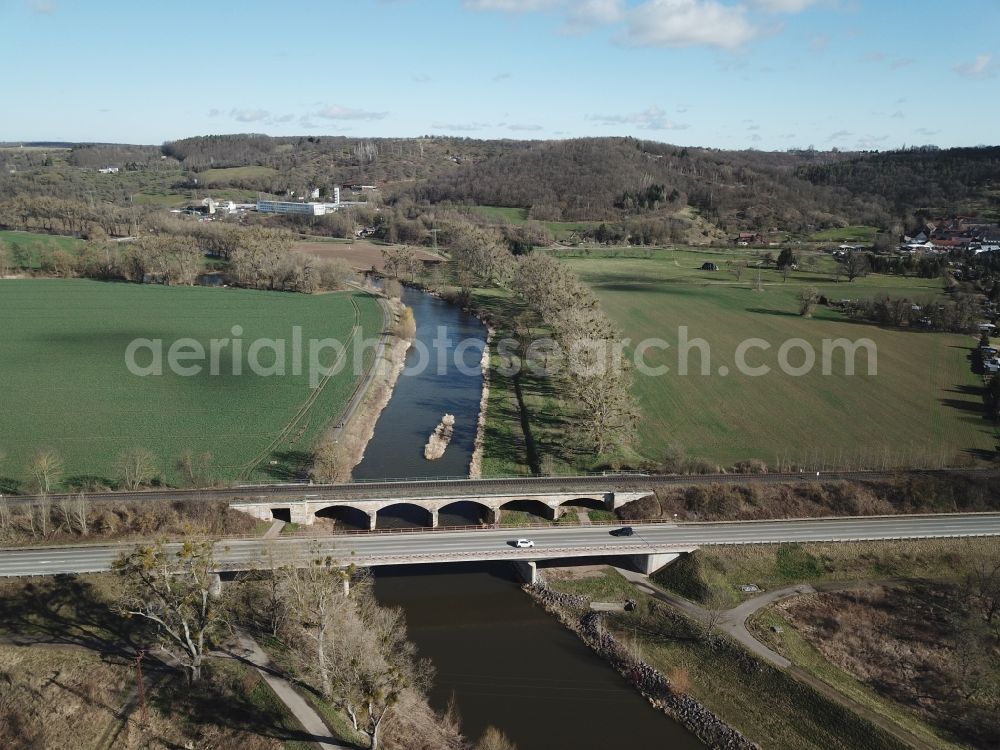 Bad Köstritz from the bird's eye view: River - bridge construction Weisse Elster in Bad Koestritz in the state Thuringia, Germany