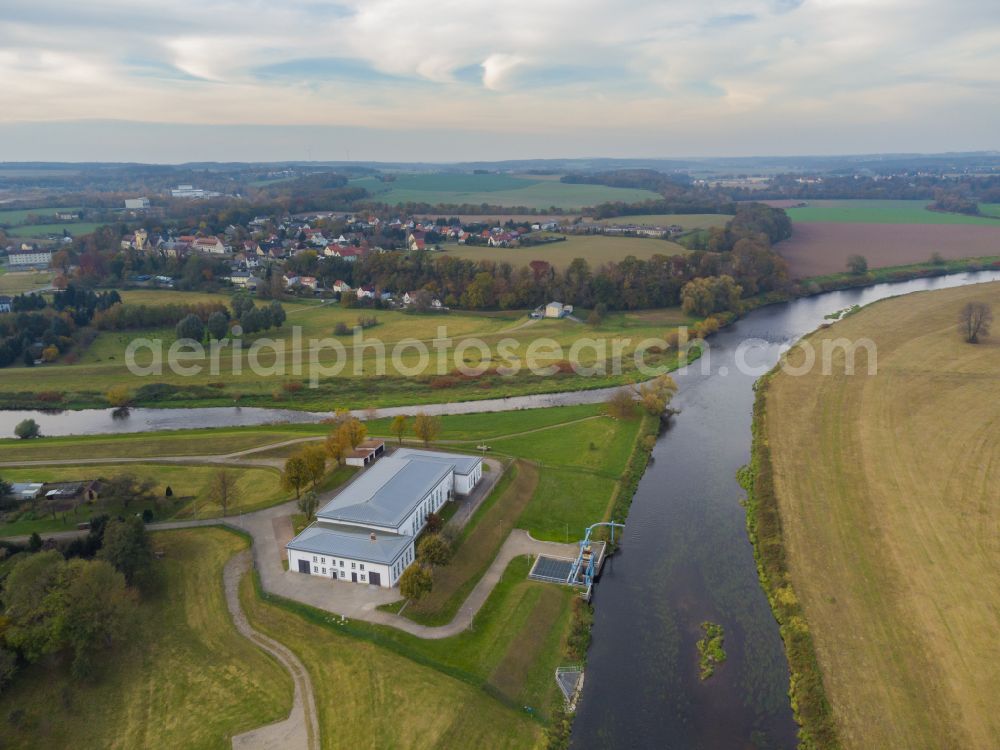 Grimma from above - Confluence of the Zwickauer and Freiberger Mulde with the Sermuth pumping station in Grimma in the state of Saxony, Germany