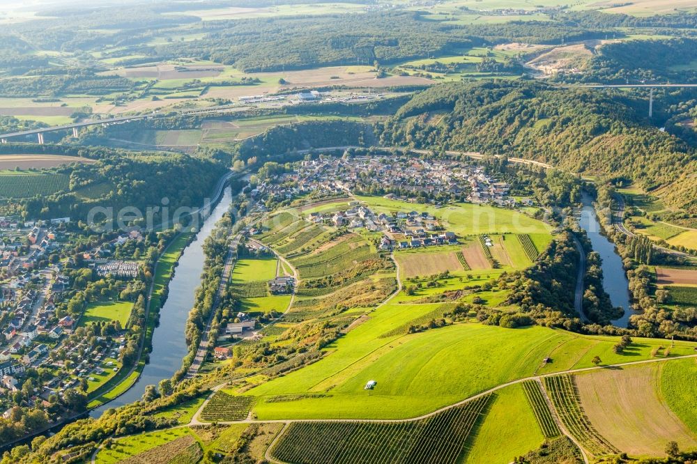 Langsur from above - Curved loop of the riparian zones on the course of the river of Sauer on frontier to Luxemburg in the district Mesenich in Langsur in the state Rhineland-Palatinate, Germany