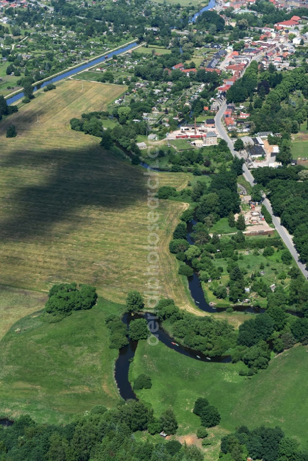 Grabow from the bird's eye view: River course of the Old Edle near Grabow in the state Mecklenburg - Western Pomerania