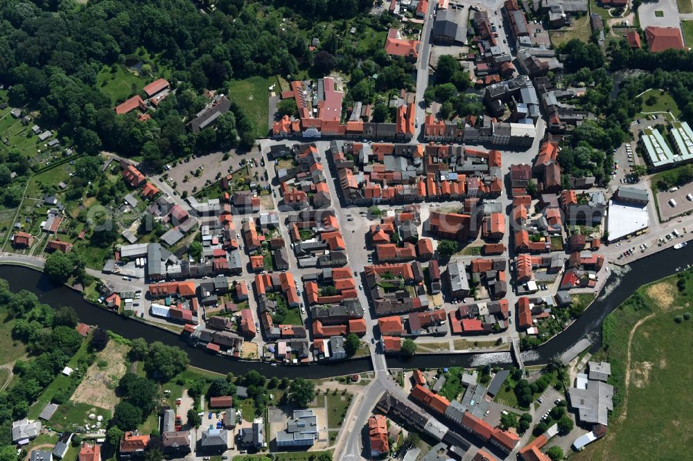 Grabow from above - River course of the Edle in Grabow in the state Mecklenburg - Western Pomerania