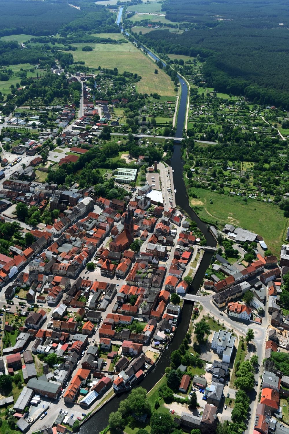 Grabow from above - River course of the Edle in Grabow in the state Mecklenburg - Western Pomerania