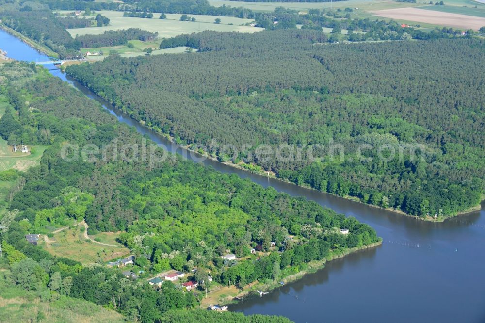 Wusterwitz from above - River course of the Elbe-Havel Canal from the Wusterwitz bridge to the Lake Wendsee in Wusterwitz in the state Brandenburg