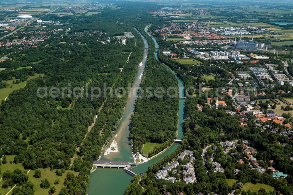 München from above - Course of the river Isar with the dam and island Oberfoehring in Munich in the state of Bavaria