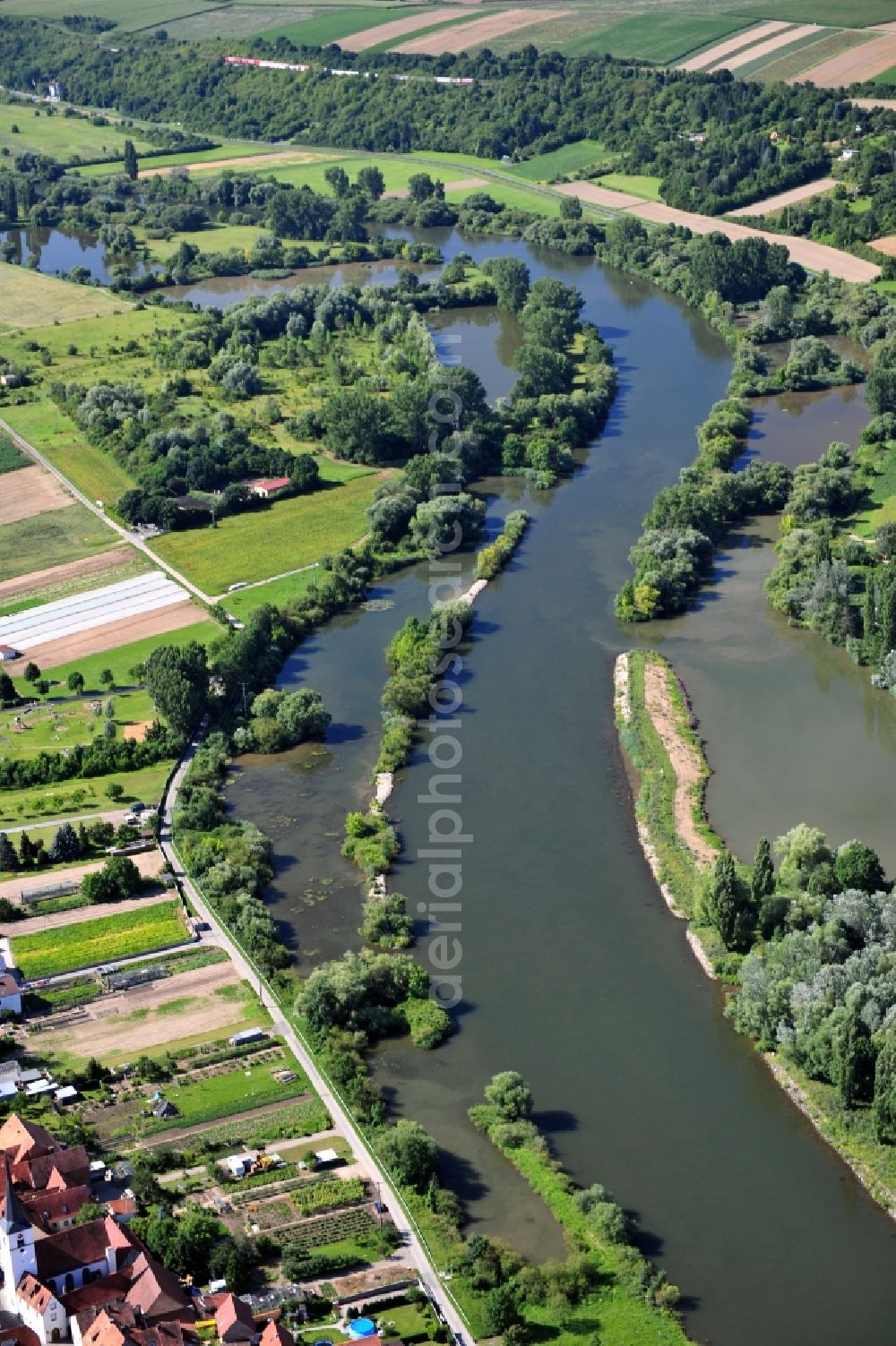 Aerial image Albertshofen - View from north along the Main river near by Albertshofen in the state Bavaria