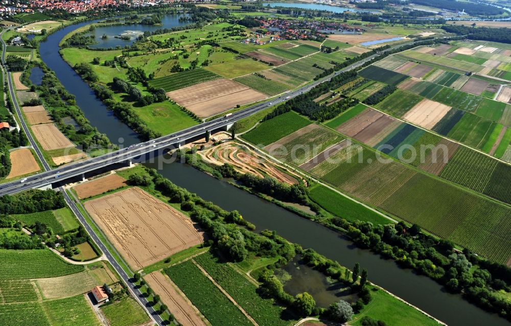 Aerial photograph Dettelbach - View from south along the Main river near by Dettelbach with the Main bridge in the state Bavaria