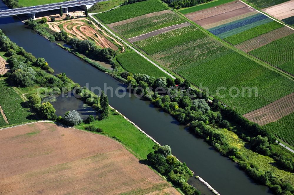 Dettelbach from above - View from south along the Main river near by Dettelbach with the Main bridge in the state Bavaria