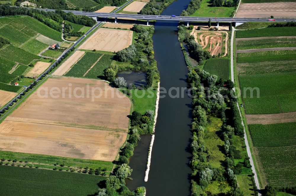 Aerial photograph Dettelbach - View from south along the Main river near by Dettelbach with the Main bridge in the state Bavaria