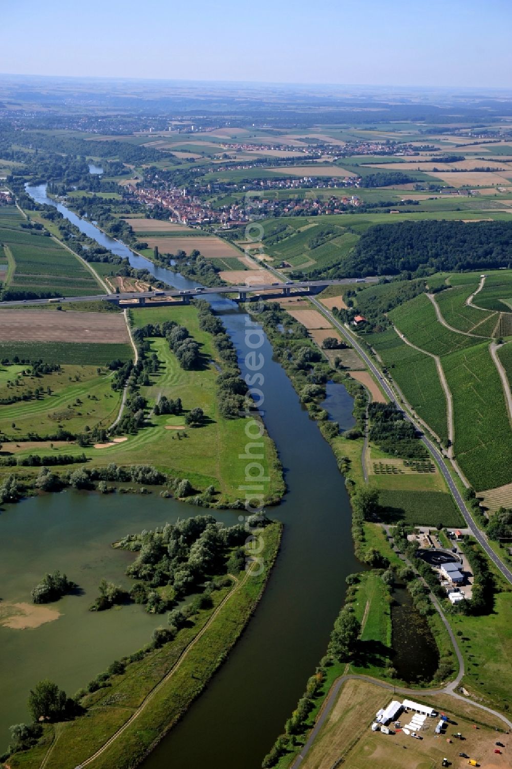 Dettelbach from above - View from north along the Main river near by Dettelbach with the Main bridge in the state Bavaria