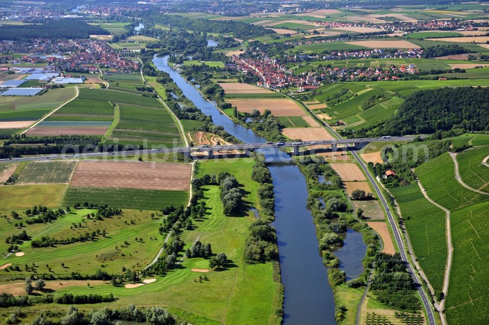 Aerial image Dettelbach - View from north along the Main river near by Dettelbach with the Main bridge in the state Bavaria