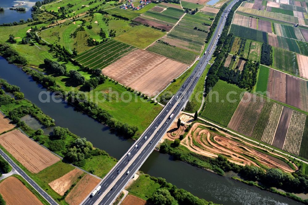 Aerial photograph Dettelbach - View from west along the Main river near by Dettelbach with the Main bridge in the state Bavaria