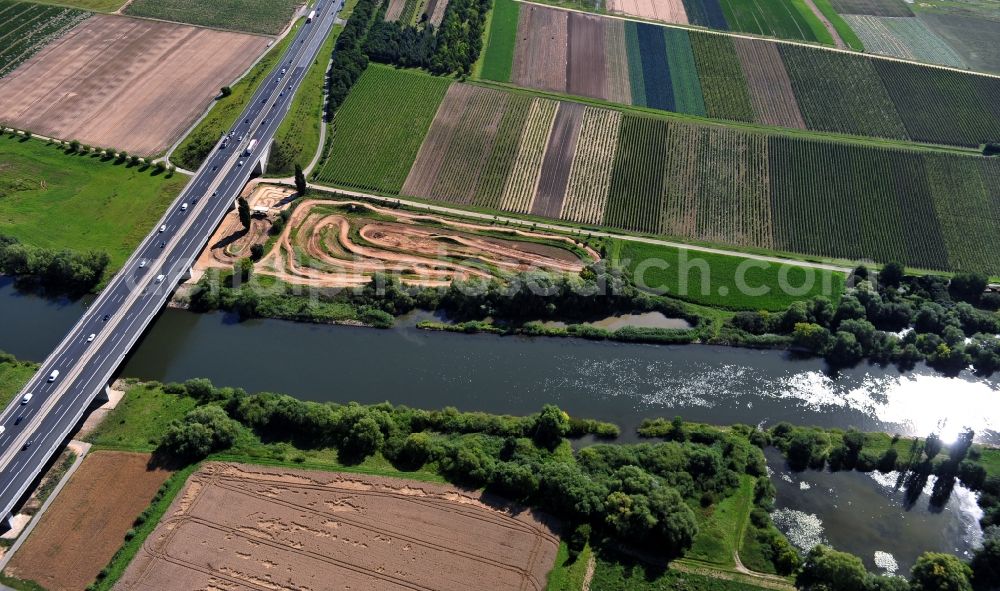 Dettelbach from above - View from west along the Main river near by Dettelbach with the Main bridge in the state Bavaria