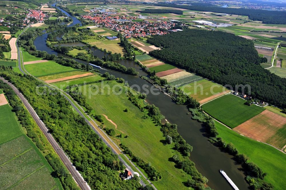 Kitzingen from the bird's eye view: View from southwest along the Main river near by Kitzingen in the state Bavaria