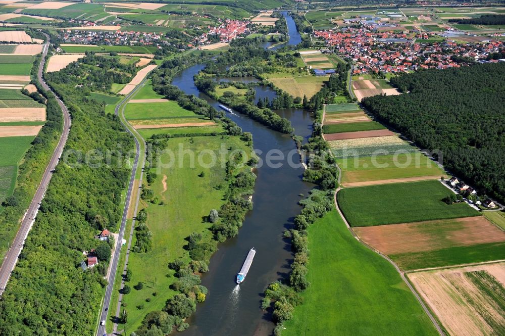 Aerial photograph Kitzingen - View from south along the Main river near by Kitzingen in the state Bavaria